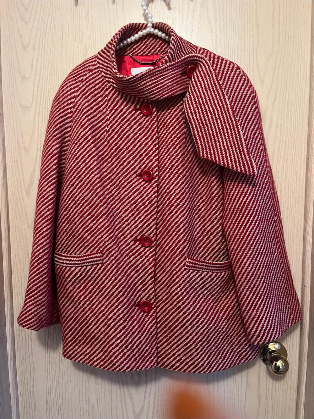 Red & White Striped Wool-Blend Jacket with Attached Scarf